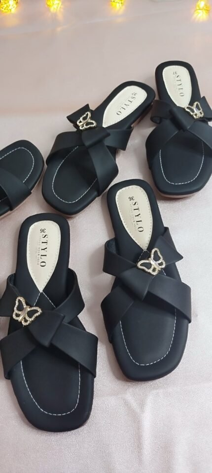 Aveline Butterfly Bow Slides Black - Beyond Apparel BD